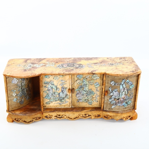 1079 - A Chinese soapstone miniature side cabinet with inlaid mother-of-pearl decoration, length 24cm