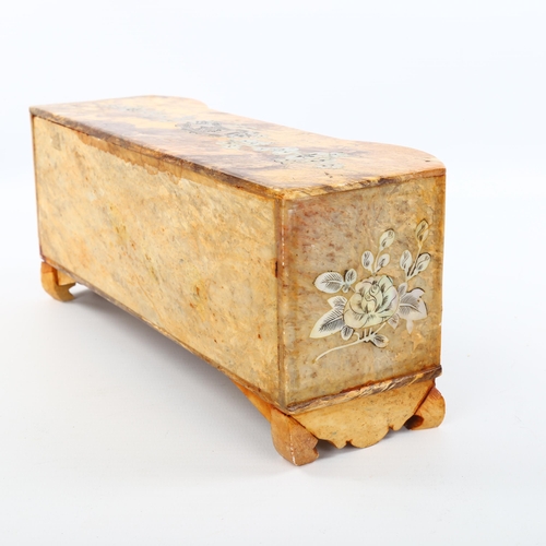 1079 - A Chinese soapstone miniature side cabinet with inlaid mother-of-pearl decoration, length 24cm