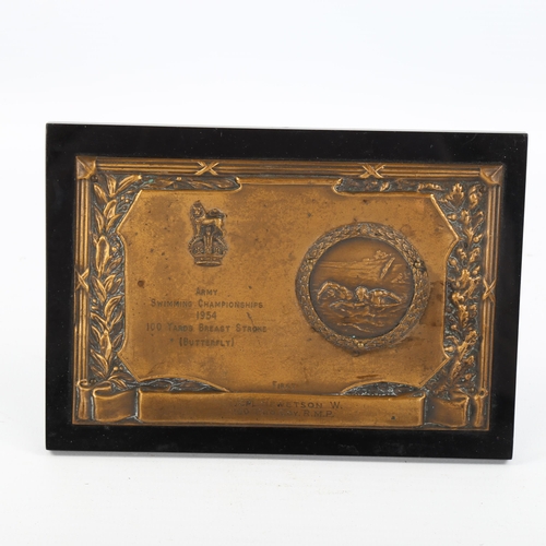 1094 - Army Swimming Championships 1954 bronze prize plaque, awarded to L/Cpl Hewetson RMP, 10cm x 14cm