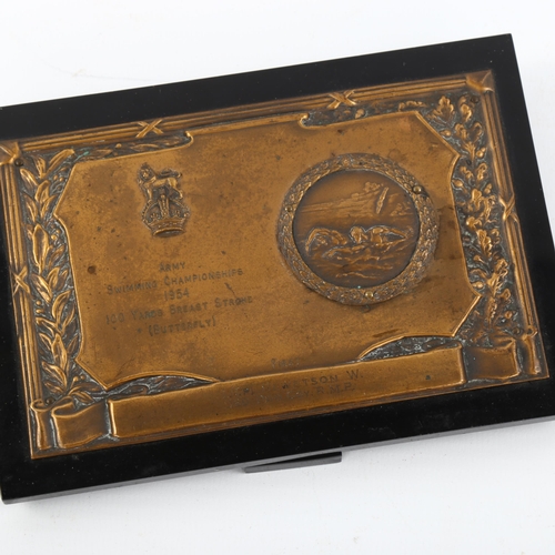 1094 - Army Swimming Championships 1954 bronze prize plaque, awarded to L/Cpl Hewetson RMP, 10cm x 14cm