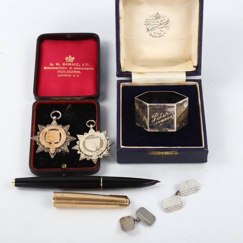 1099 - Mixed group of items, including Parker fountain pen, 2 silver prize fobs, cased silver napkin ring, ... 