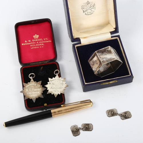 1099 - Mixed group of items, including Parker fountain pen, 2 silver prize fobs, cased silver napkin ring, ... 