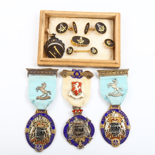 1102 - 3 silver and enamel Masonic jewels, a set of Japanese gold inlaid Masonic cufflinks and studs, and a... 