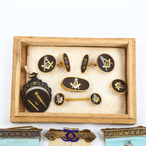 1102 - 3 silver and enamel Masonic jewels, a set of Japanese gold inlaid Masonic cufflinks and studs, and a... 