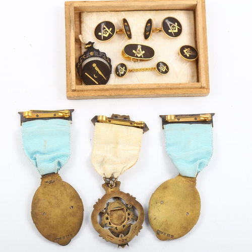 1102 - 3 silver and enamel Masonic jewels, a set of Japanese gold inlaid Masonic cufflinks and studs, and a... 