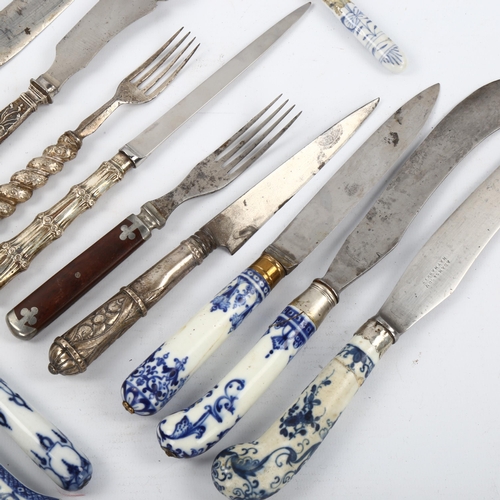 1104 - A group of 18th century Meissen blue and white porcelain-handled knives and forks, a silver-handled ... 