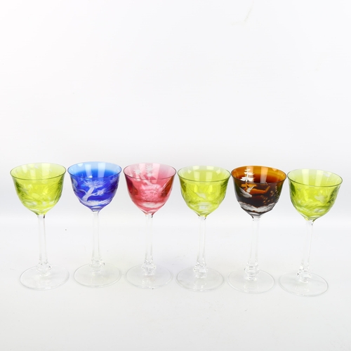 1108 - A harlequin set of 6 Moser Hock glasses, with coloured overlay glass bowls and engraved decoration, ... 