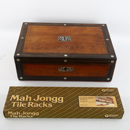 1115 - A Chinese bone and bamboo Mahjong set, with racks and instructions in Victorian inlaid box