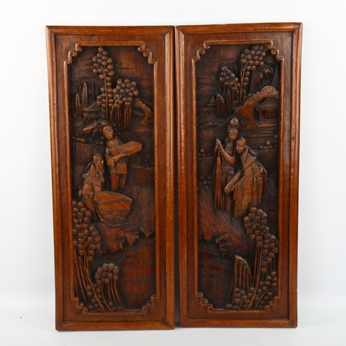 1117 - A pair of Chinese relief carved hardwood panels, 50cm x 20cm