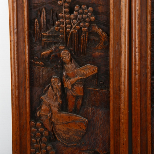 1117 - A pair of Chinese relief carved hardwood panels, 50cm x 20cm