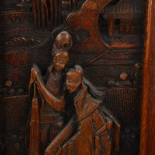 1117 - A pair of Chinese relief carved hardwood panels, 50cm x 20cm