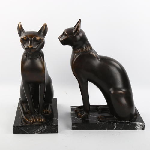 1118 - A pair of patinated bronze Egyptian style cats on marble bases, height 29cm, unsigned, modern