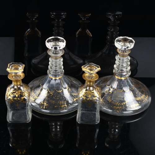 1120 - A pair of 18th/19th century gilded glass ship's decanters, with neck rings and original stoppers, di... 