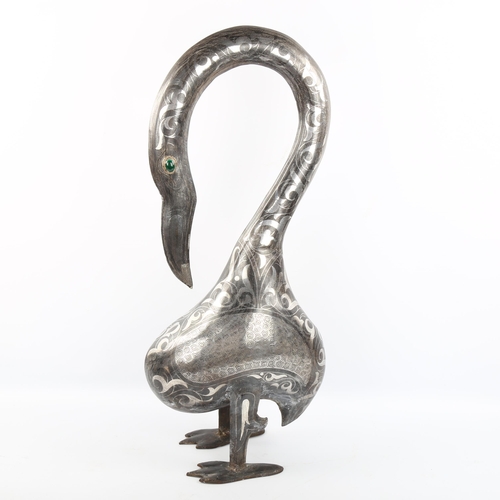 1124 - Anthony Redmile (born 1940), metal bird sculpture with inlaid silver decoration, height 61cm, proven... 