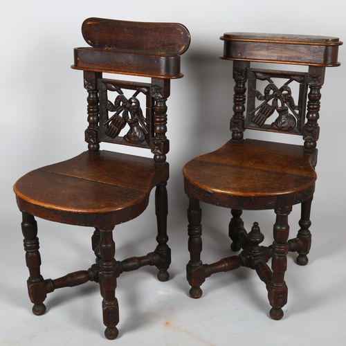 1132 - A pair of 19th century oak prayer chairs, with lidded upper compartments to the backs, carved and pi... 