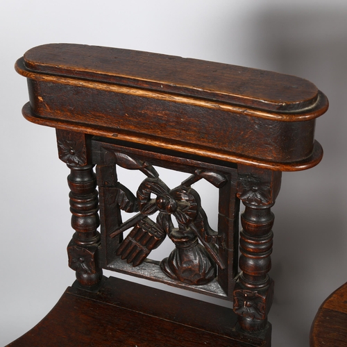 1132 - A pair of 19th century oak prayer chairs, with lidded upper compartments to the backs, carved and pi... 