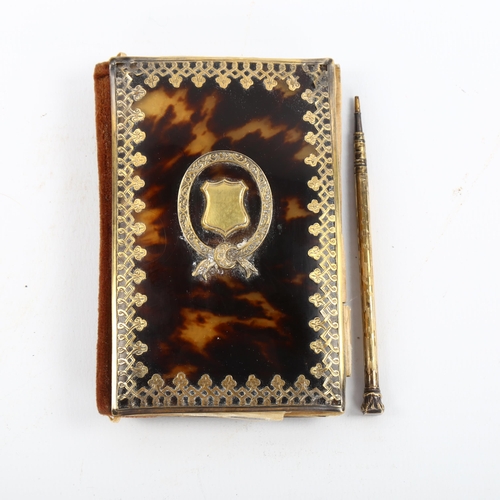 1139 - A Victorian tortoiseshell and gilt-metal mounted pocket note case, with silk lining and pencil, 9cm ... 