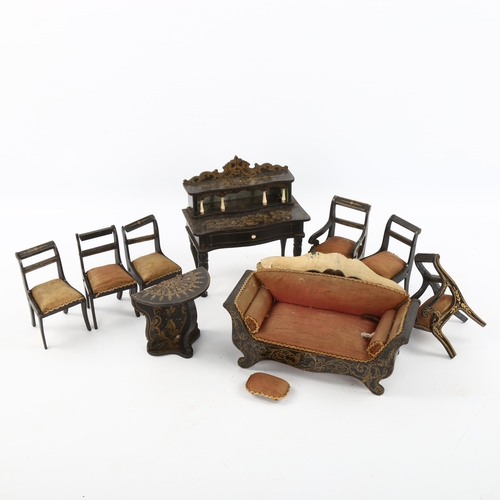 1143 - A suite of Regency penwork ebonised doll's house furniture, desk width 11.5cm