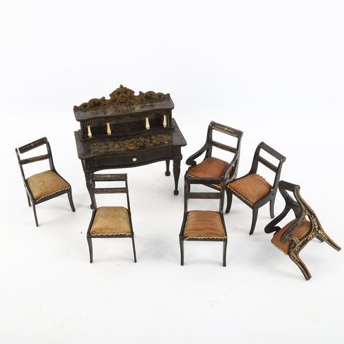 1143 - A suite of Regency penwork ebonised doll's house furniture, desk width 11.5cm