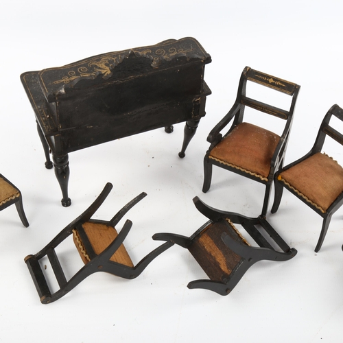 1143 - A suite of Regency penwork ebonised doll's house furniture, desk width 11.5cm