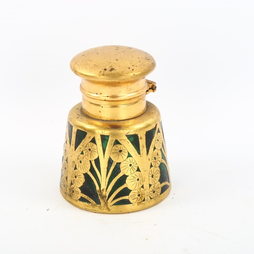 1151 - A French Art Nouveau brass overlay green glass perfume bottle, height 7.5cm