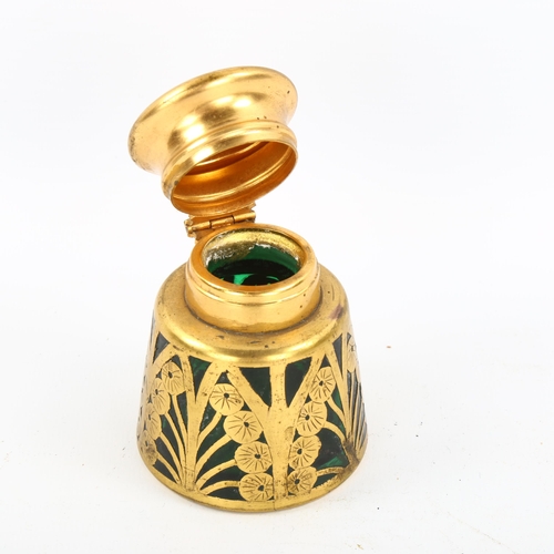 1151 - A French Art Nouveau brass overlay green glass perfume bottle, height 7.5cm