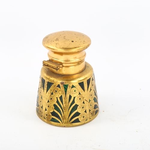 1151 - A French Art Nouveau brass overlay green glass perfume bottle, height 7.5cm