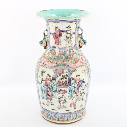 1155 - A Chinese famille verte porcelain vase, with dragon mounted shoulders, height 36cm, neck restored