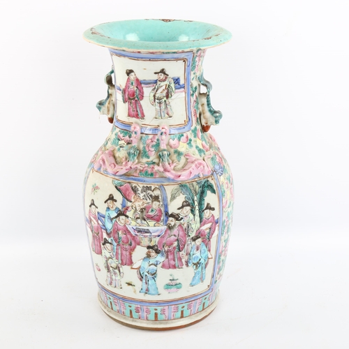 1155 - A Chinese famille verte porcelain vase, with dragon mounted shoulders, height 36cm, neck restored