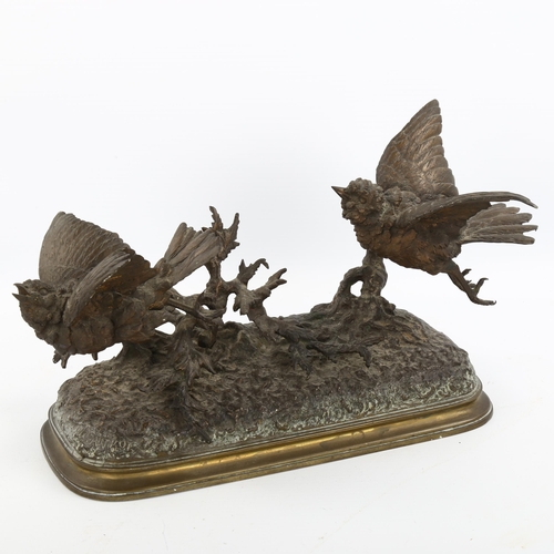 1160 - Ferdinand Pautrot, patinated bronze sculpture of garden birds on naturalistic base, signed, base len... 