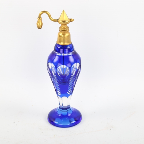 1171 - A 19th century Bristol blue overlay glass atomiser perfume bottle, height 18cm