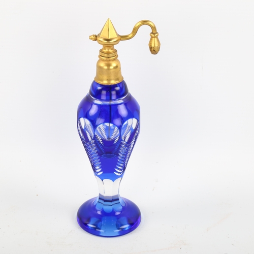 1171 - A 19th century Bristol blue overlay glass atomiser perfume bottle, height 18cm