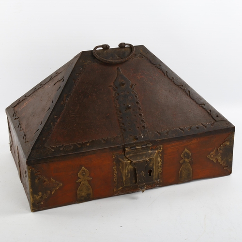 1173 - An Antique North African iron-bound wood casket, length 39cm