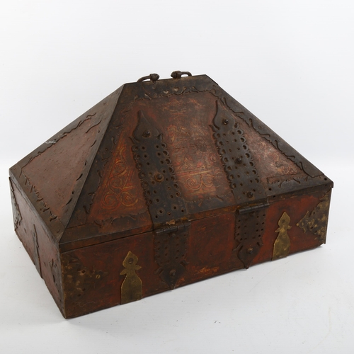 1173 - An Antique North African iron-bound wood casket, length 39cm