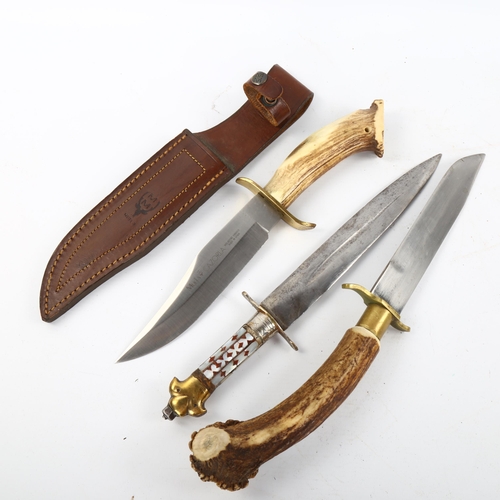 1178 - 2 hunting knives with staghorn handles (1 with leather sheath), largest length 36cm, and a double-ed... 