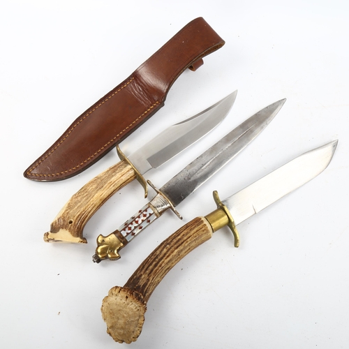 1178 - 2 hunting knives with staghorn handles (1 with leather sheath), largest length 36cm, and a double-ed... 