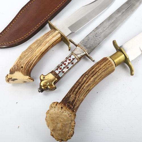 1178 - 2 hunting knives with staghorn handles (1 with leather sheath), largest length 36cm, and a double-ed... 