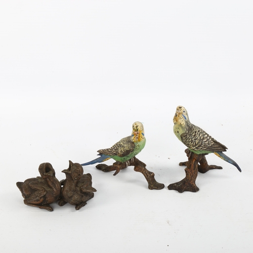 1183 - A pair of Austrian cold painted bronze parakeets, height 8cm, and bronze group of fledging chicks, u... 