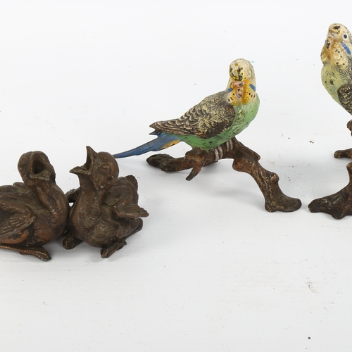 1183 - A pair of Austrian cold painted bronze parakeets, height 8cm, and bronze group of fledging chicks, u... 