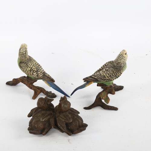 1183 - A pair of Austrian cold painted bronze parakeets, height 8cm, and bronze group of fledging chicks, u... 