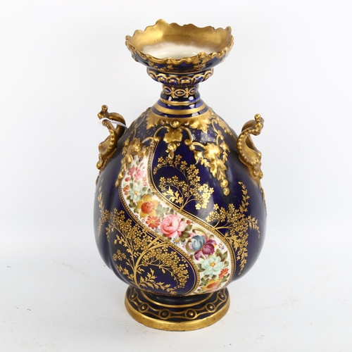 1185 - Nautilus porcelain 2-handled vase, with hand painted and gilded decoration, height 26cm