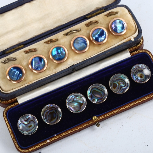 1193 - 2 cased sets of 6 abalone buttons, unmarked yellow and white metal settings, original leather cases,... 