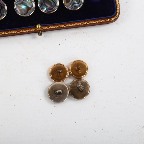 1193 - 2 cased sets of 6 abalone buttons, unmarked yellow and white metal settings, original leather cases,... 