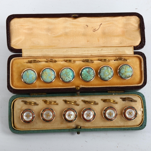 1194 - 2 cased sets of 6 Victorian mother-of-pearl enamel and moonstone inlaid buttons, unmarked yellow met... 