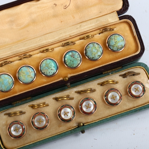 1194 - 2 cased sets of 6 Victorian mother-of-pearl enamel and moonstone inlaid buttons, unmarked yellow met... 