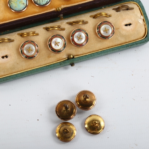 1194 - 2 cased sets of 6 Victorian mother-of-pearl enamel and moonstone inlaid buttons, unmarked yellow met... 