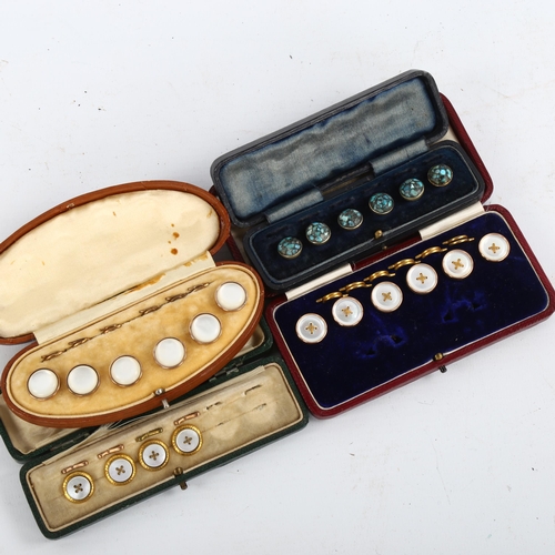 1198 - 4 cased sets fo Victorian mother-of-pearl and turquoise inlaid dress buttons/studs, original leather... 