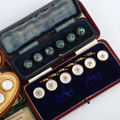 1198 - 4 cased sets fo Victorian mother-of-pearl and turquoise inlaid dress buttons/studs, original leather... 