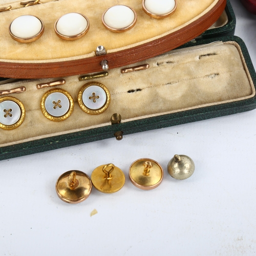 1198 - 4 cased sets fo Victorian mother-of-pearl and turquoise inlaid dress buttons/studs, original leather... 