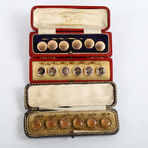 1199 - 3 cased sets of 6 Victorian gilt-metal dress buttons/studs, original leather cases